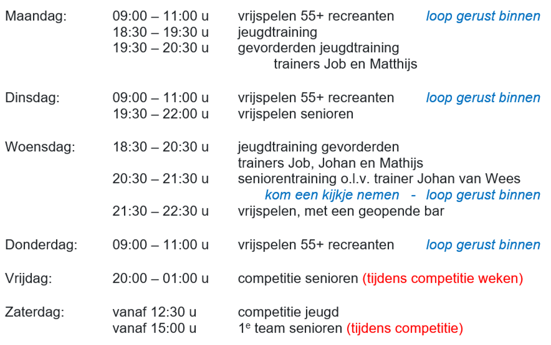 Schermafbeelding Trainingstijden Mei26